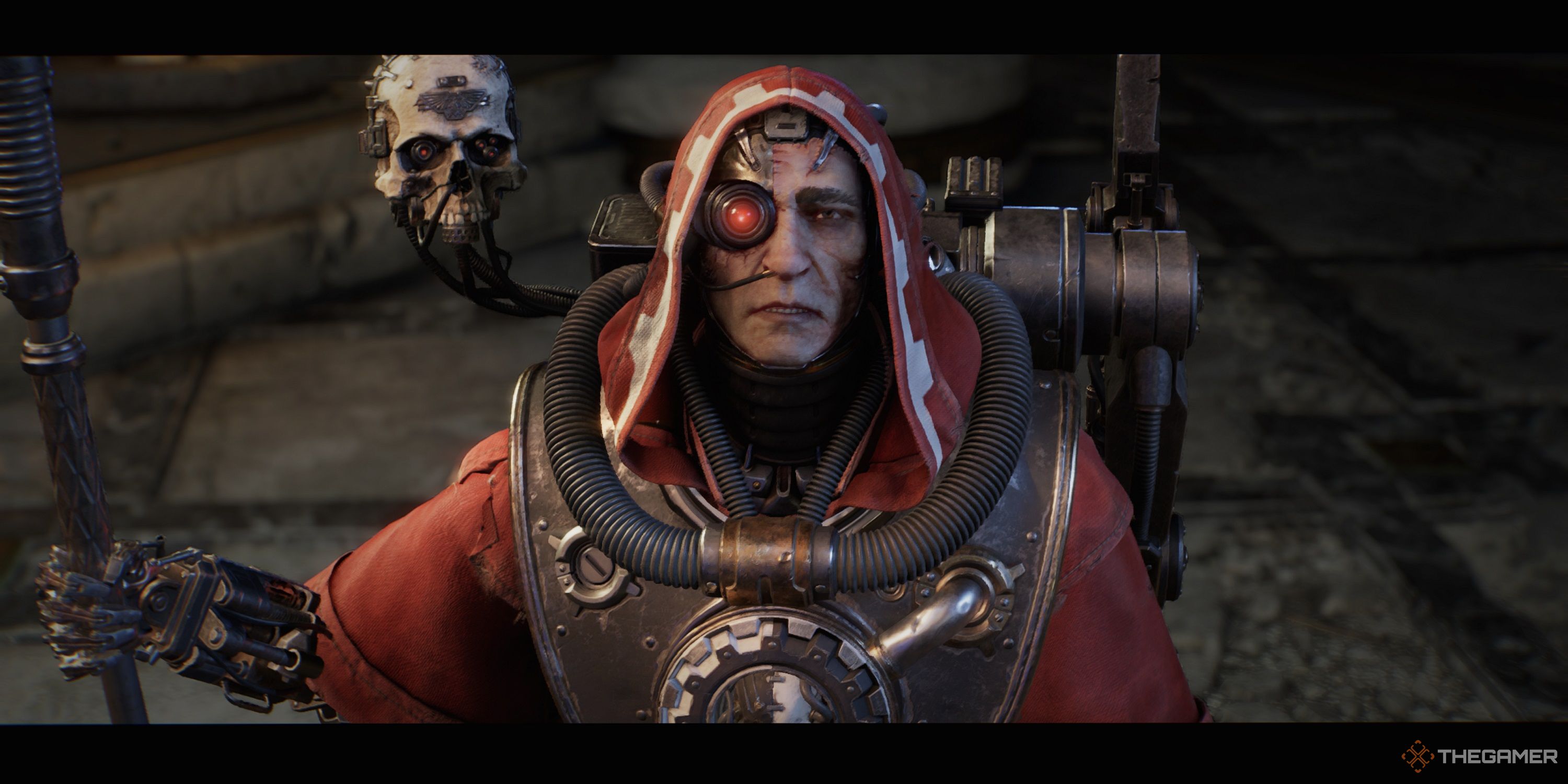 An Adeptus Mechanicus Magos in red robes in Warhammer 40K Space Marine 2.