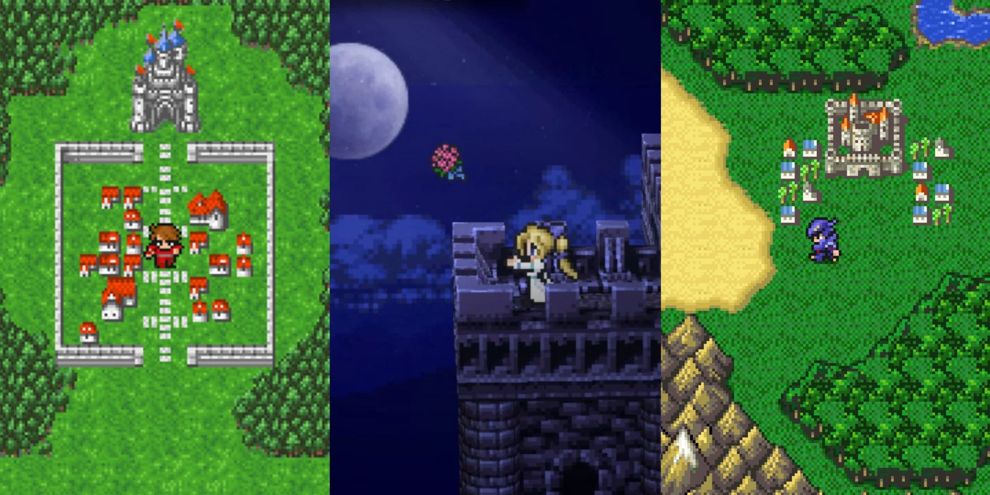 A hero stands outside a town, Celes throws flowers, and Cecil walks away form a town