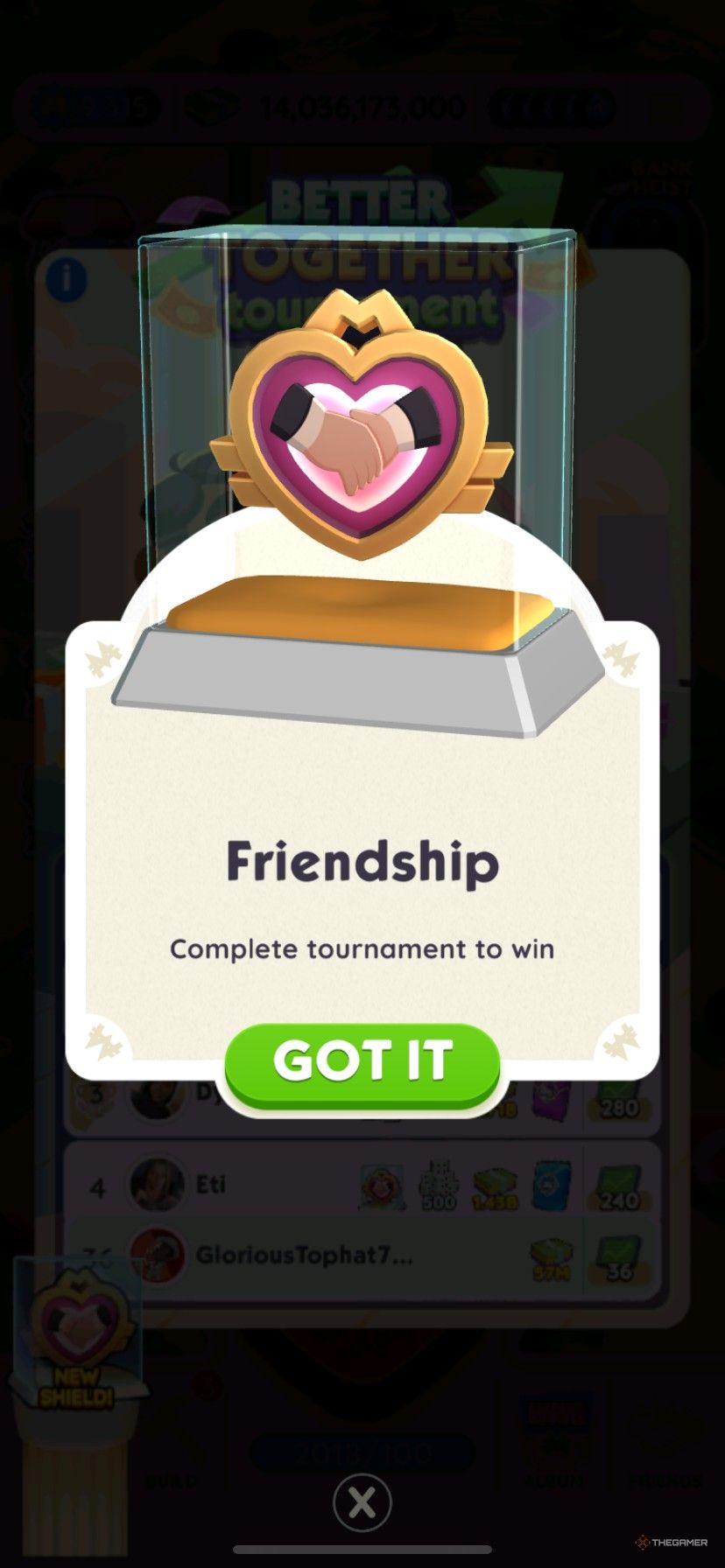 The Friendship shield skin in Monopoly Go from the Better Together tournament, showing two friends holding hands in a heart-shaped locket.