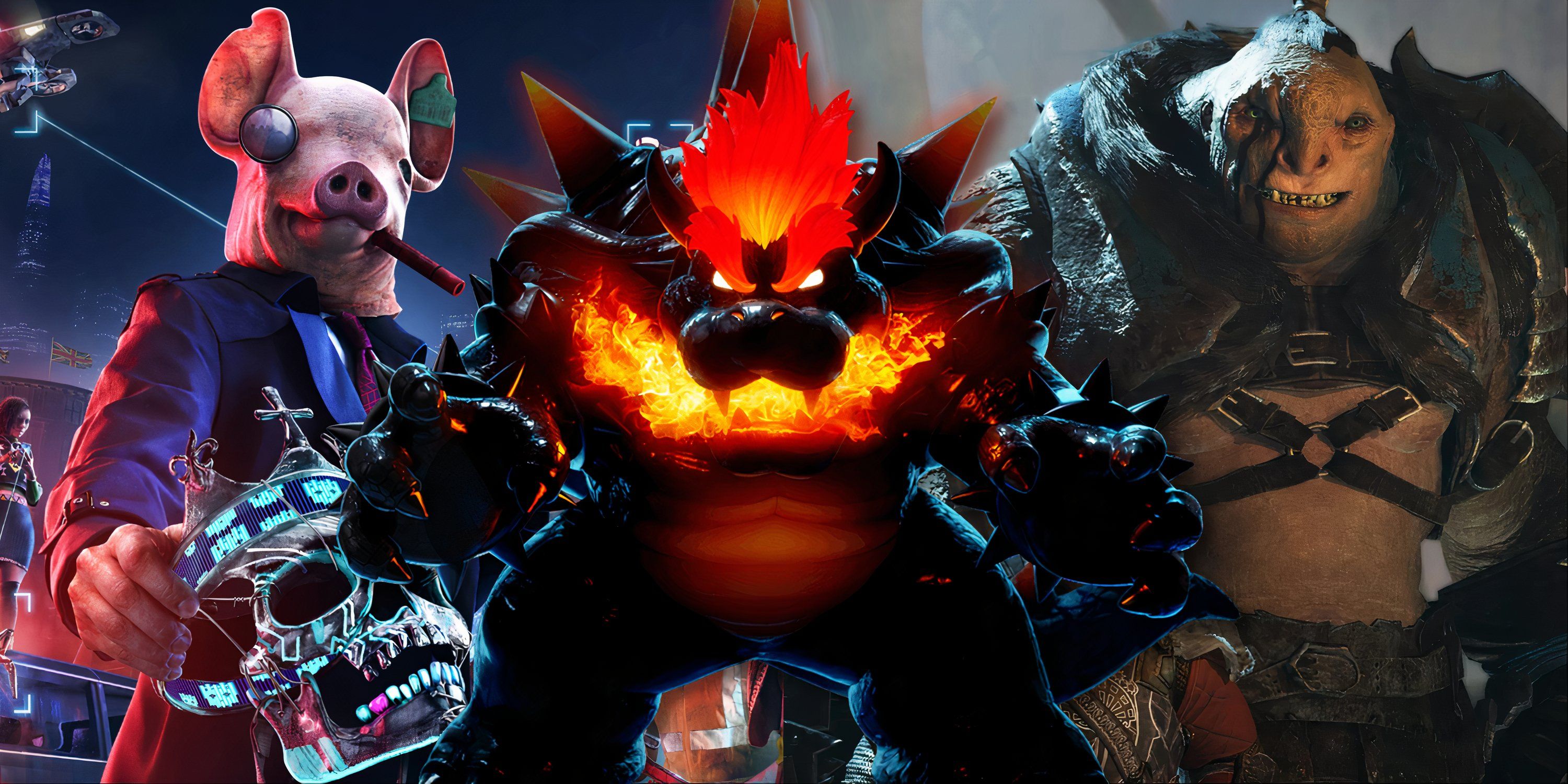 Split image of Watch Dogs Legion, Bowser's Fury, and Middle Earth Shadow Of War