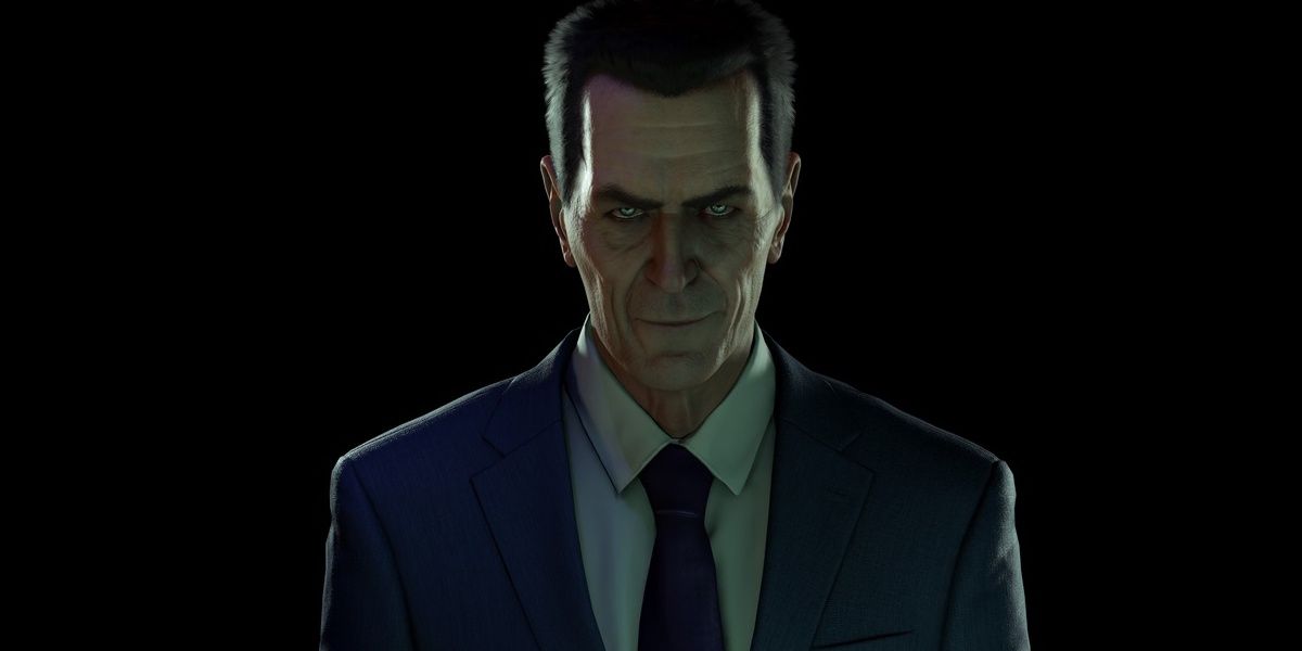 the gman from half-life alyx staring ahead in front of a black background