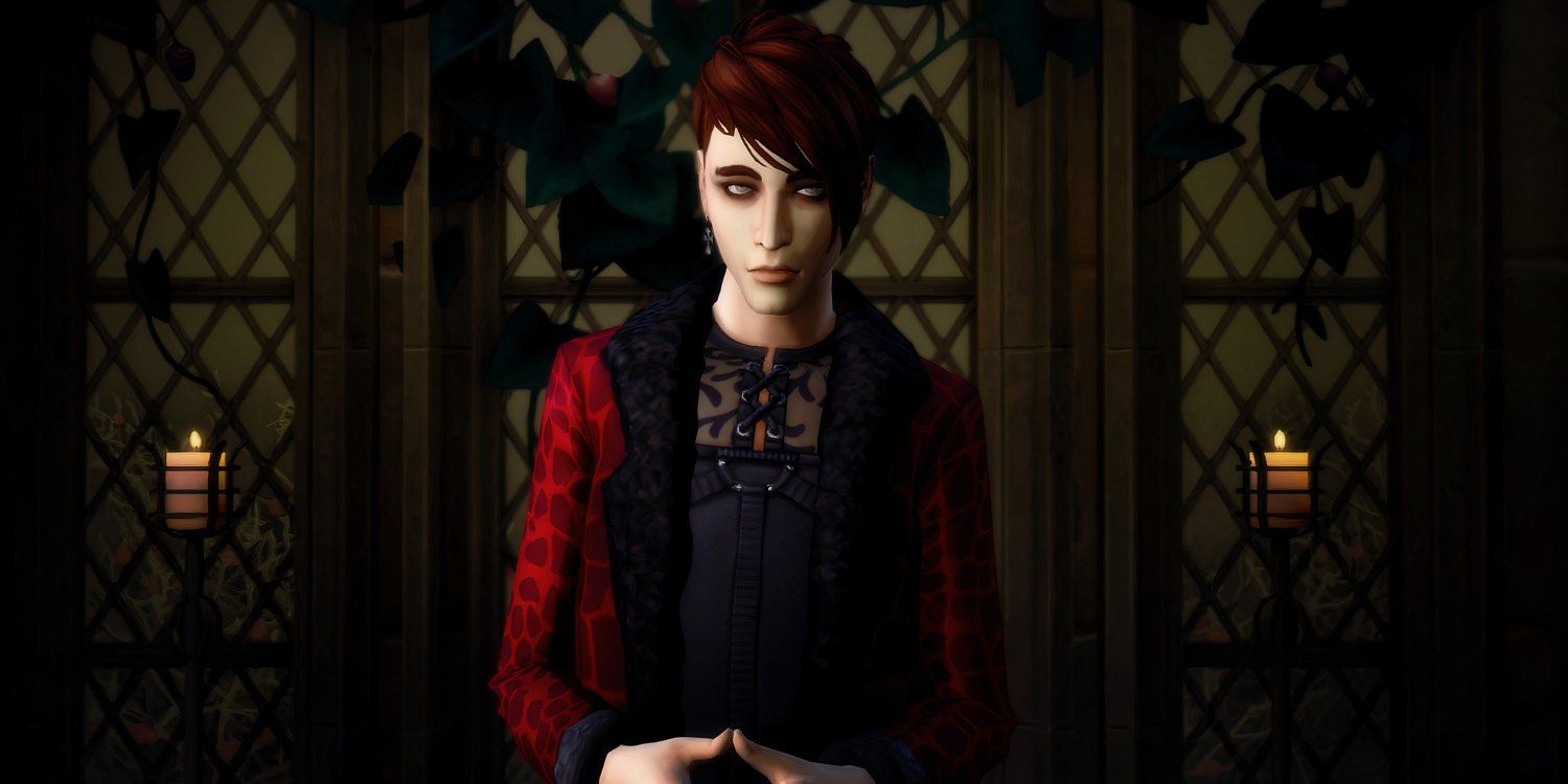 An androgynous vampire Sim dressed in red steeples their fingers.