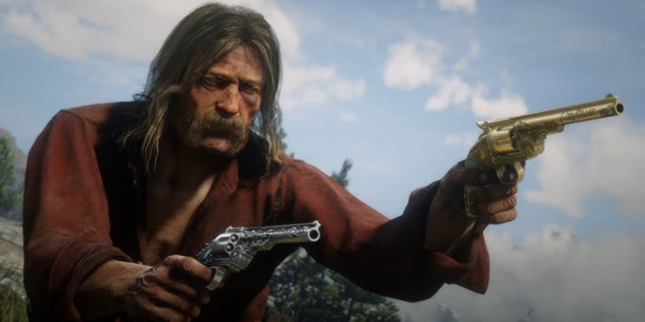 Micah Bell aiming his two guns after escaping the prison in Red Dead Redemption 2