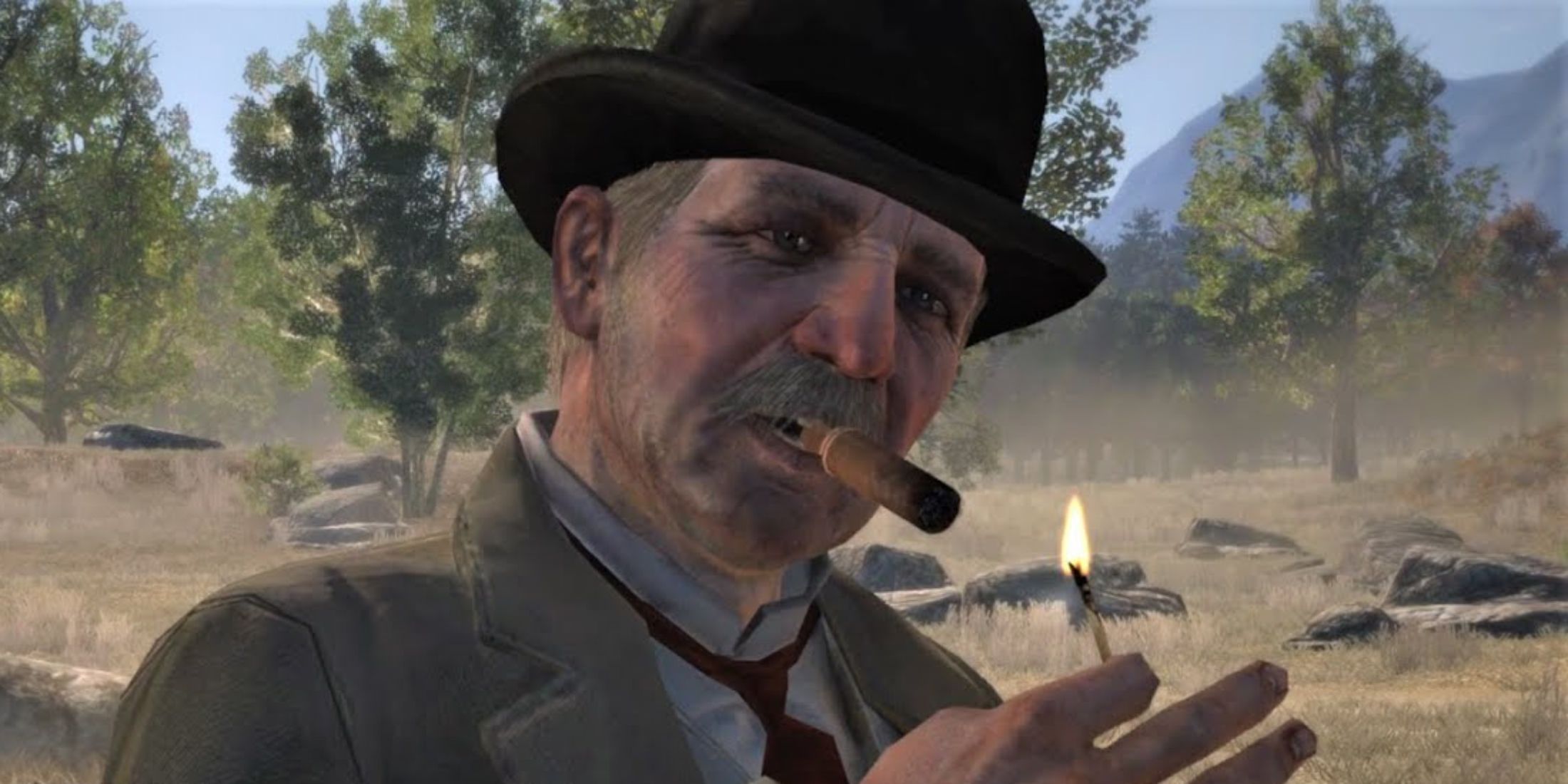 Edgar Ross lighting a cigar in Red Dead Redemption