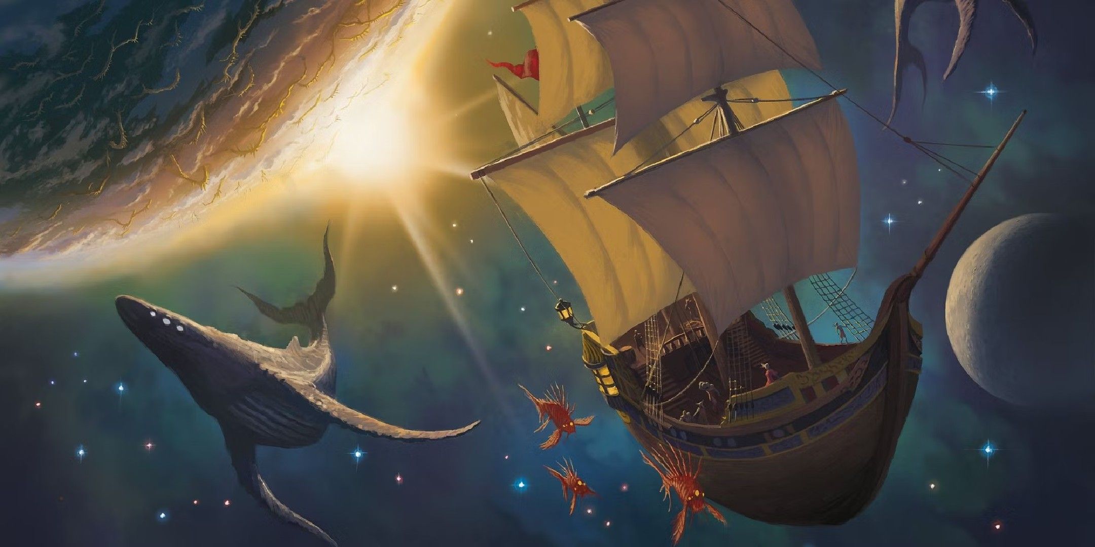 Dungeons & Dragons image showing a Spelljammer vessel traveling through the astral sea.