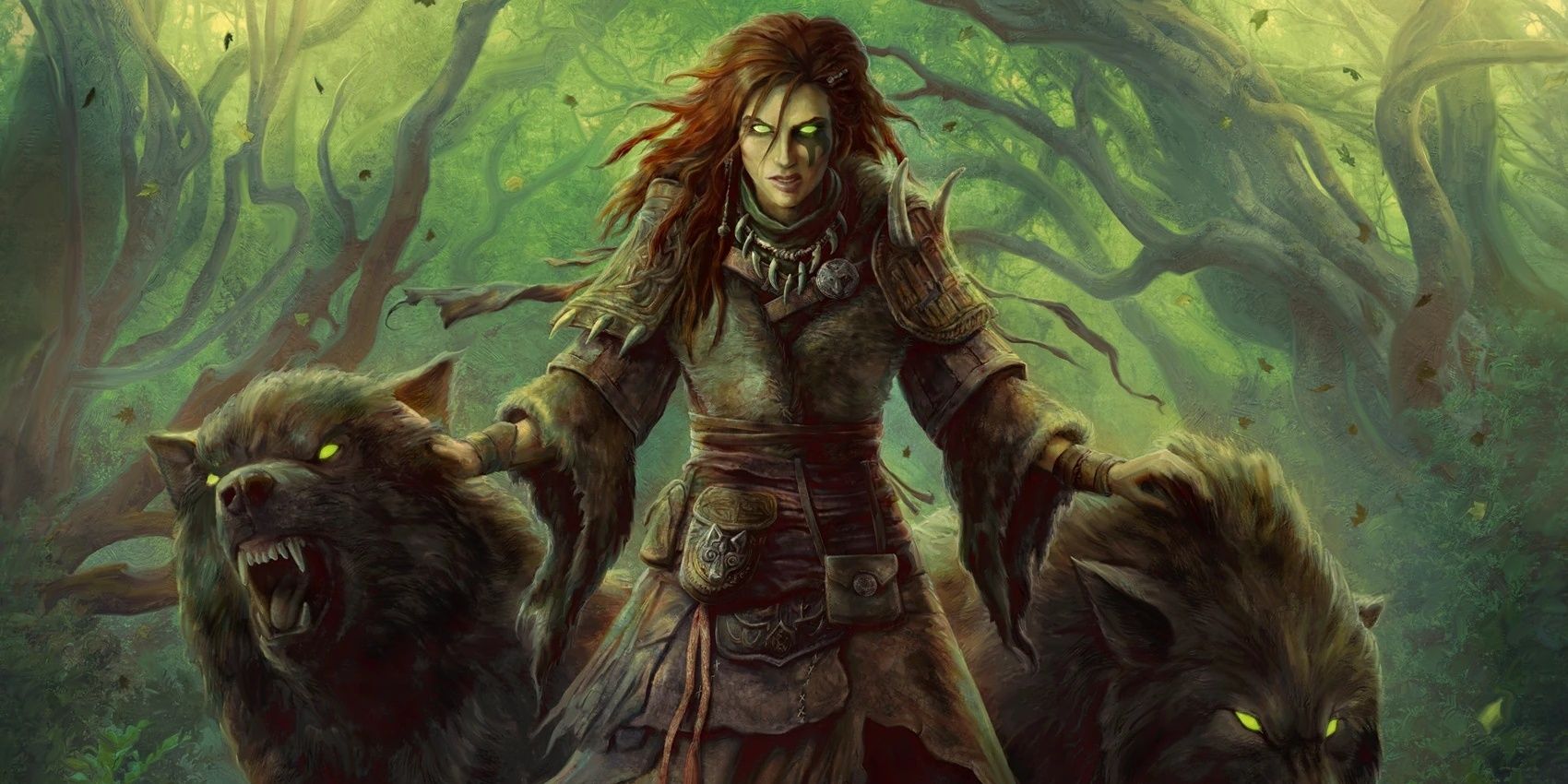 Dungeons & Dragons art of a female druid flanked by two dire wolves.