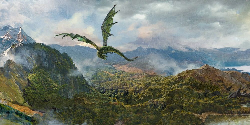 Dungeons & Dragons art of a green dragon flying over landscape.