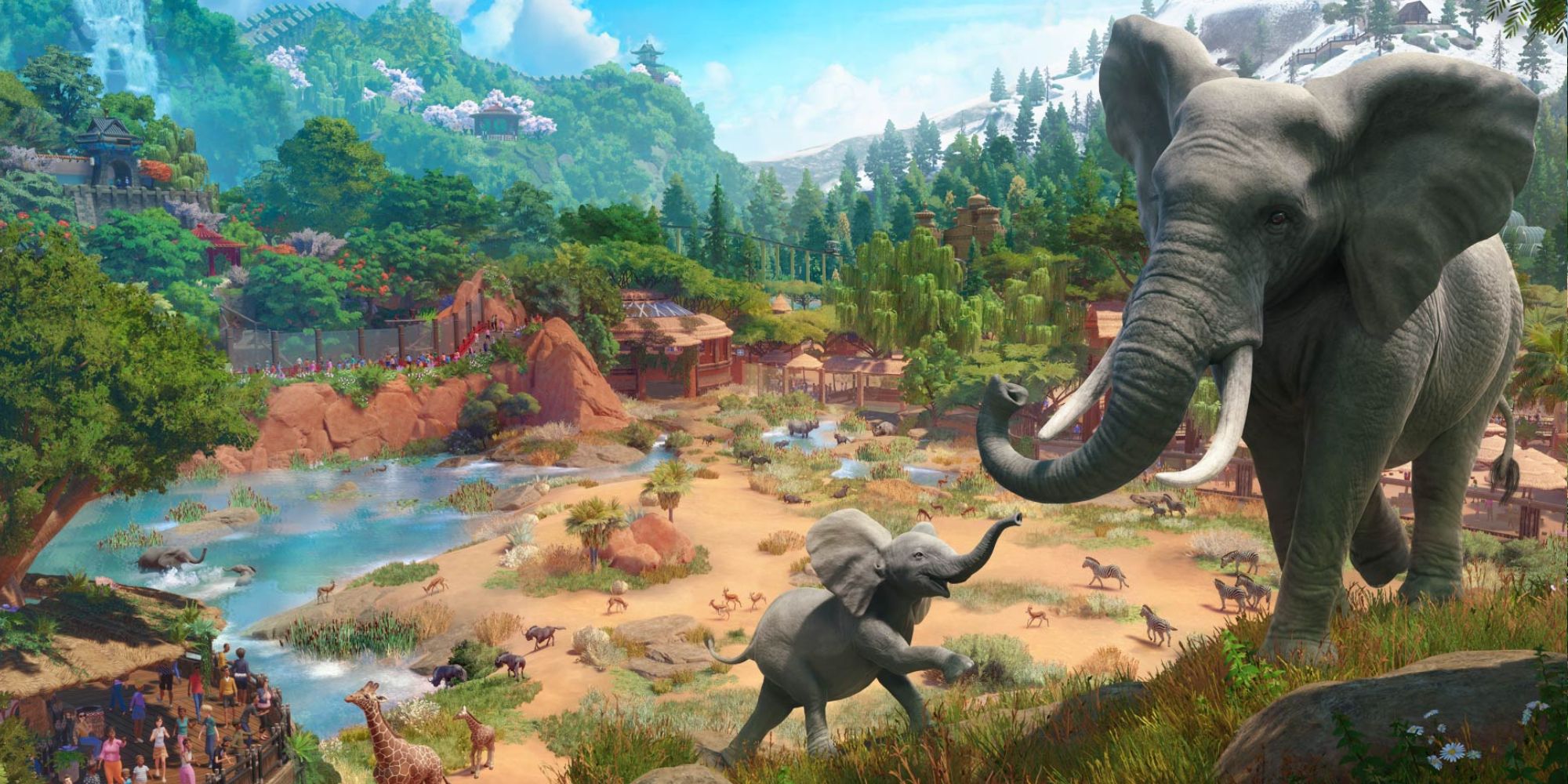 Planet Zoo Console Edition Official Artwork of two elephants against a background of a zoo.