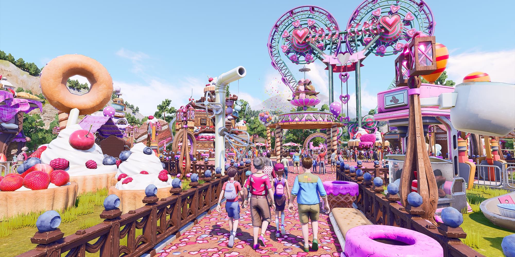 A bustling amusement park, themed with colorful food and hearts is seen in Park Beyond.