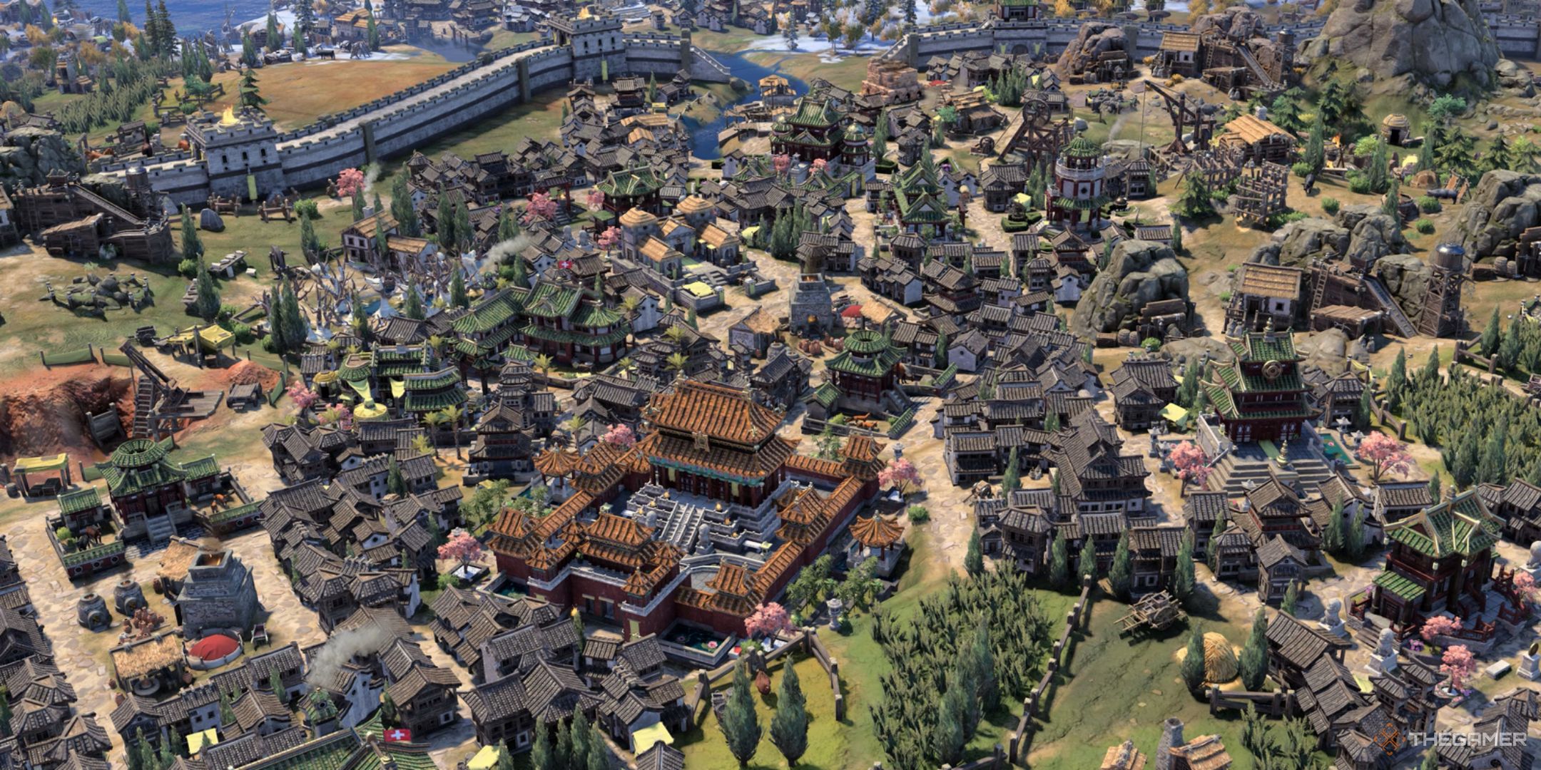 a ming chinese city in civilization 7, with the forbidden palace and great wall both visible.