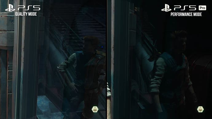 Jedi Survivor PS5 Pro performance mode vs PS5 quality mode comparison, showing lack of detail in reflections