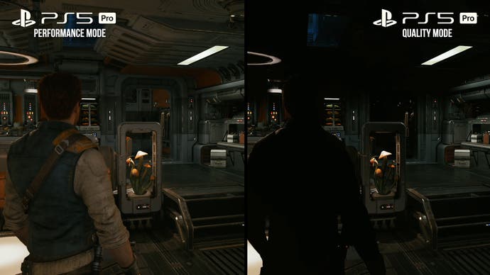 jedi survivor ps5 pro quality mode screenshot versus PS5 Pro performance mode, showing broken lighting in quality mode