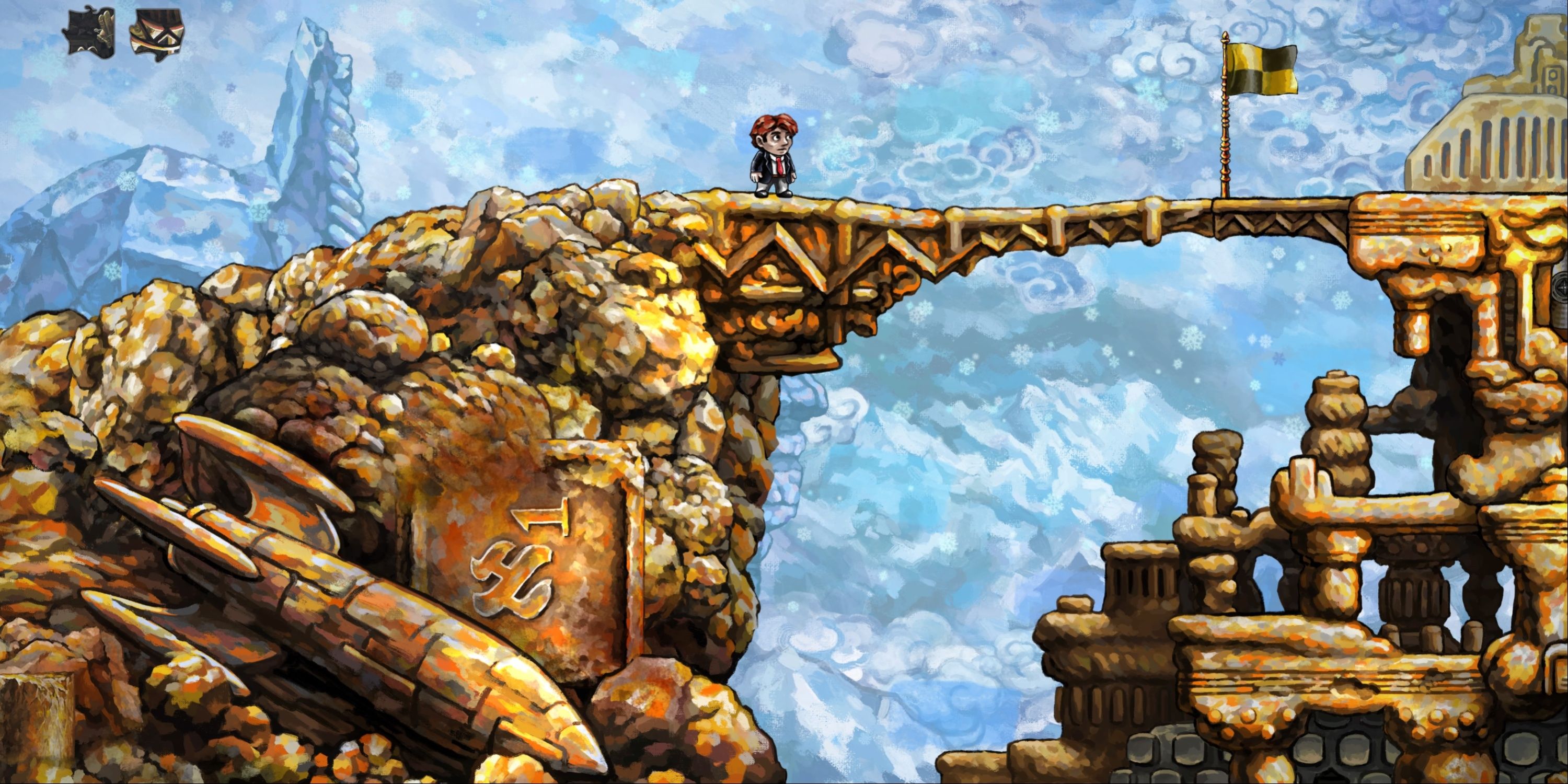 A level in Braid Remastered shows a boy standing at the top of ruins.