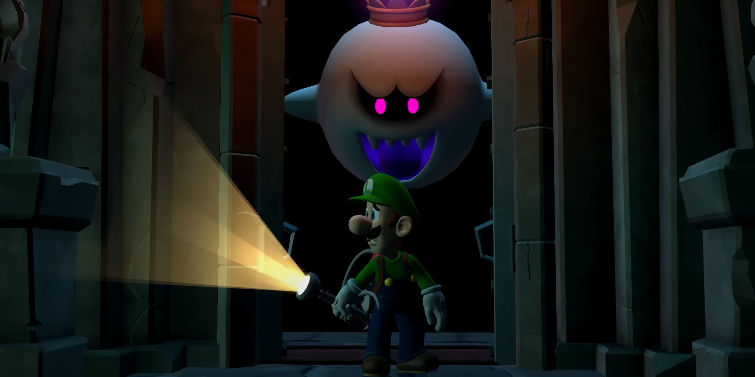 King Boo floating behind Luigi in Luigi's Mansion 2 HD