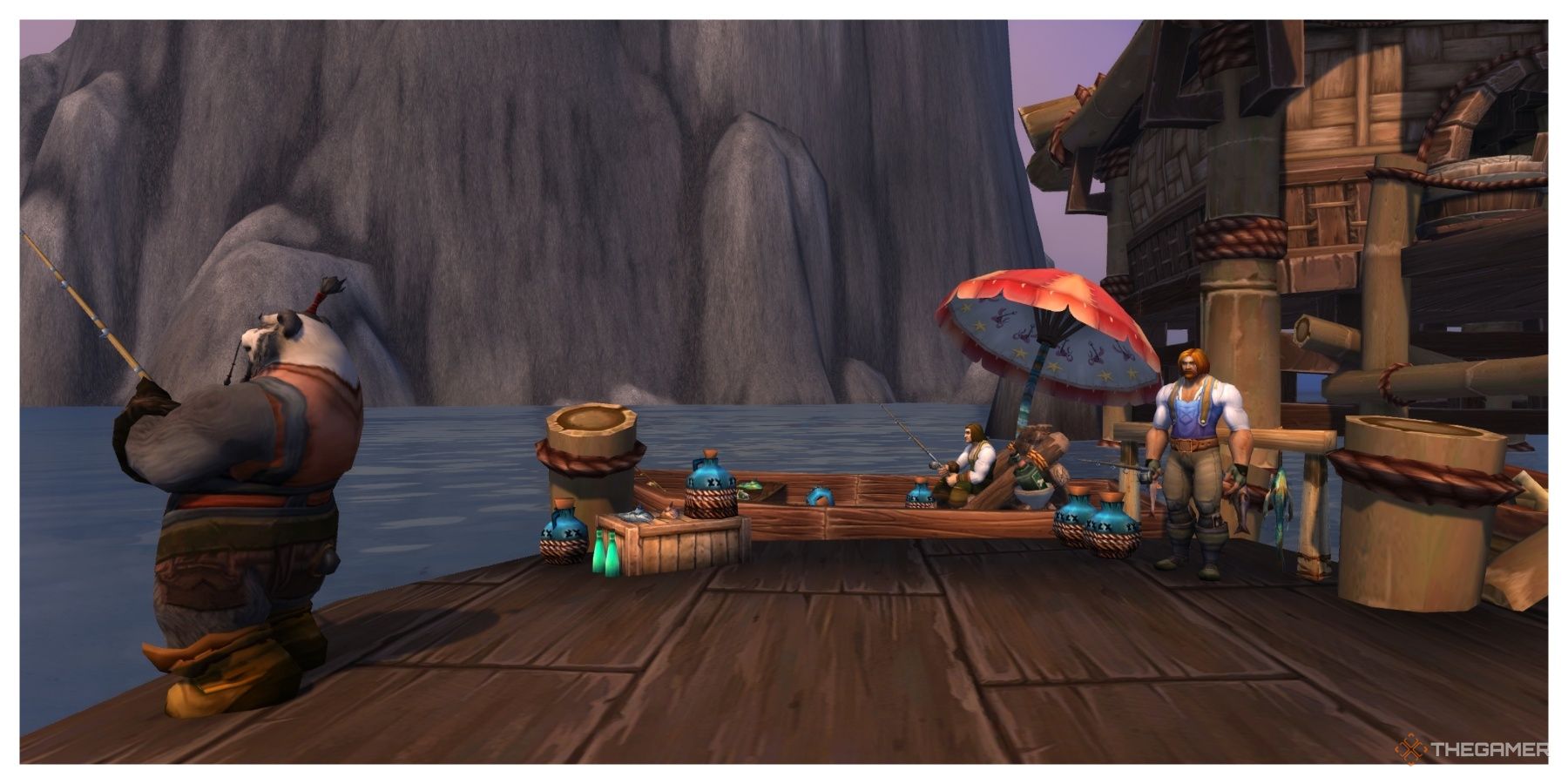 Nat Pagle in his boat on a dock in Pandaria flanked by a Human and a Pandaren NPC.