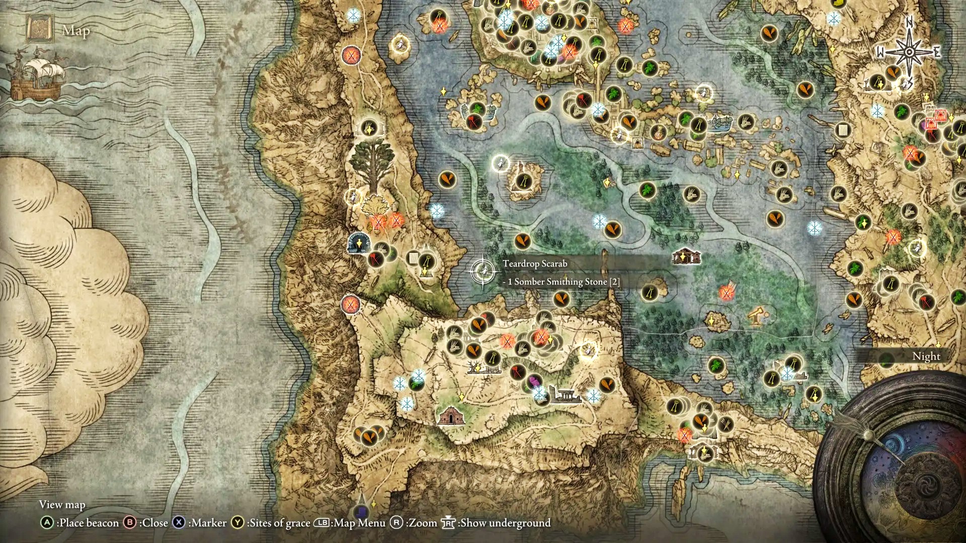 The map displaying loot nodes with Map for Goblins enabled, one of the best Elden Ring mods for completionists.