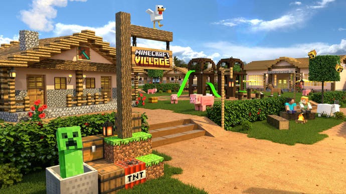 A blocky farm scene in a promo image for Mojang and Merlin Entertainments real-world Minecraft experiences