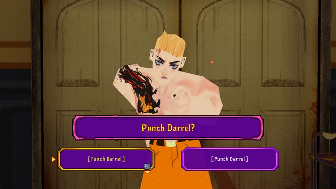 A blonde, bare-chested man stares at the player, with the text options asking you to Punch Darrel in Sorry We're Closed.