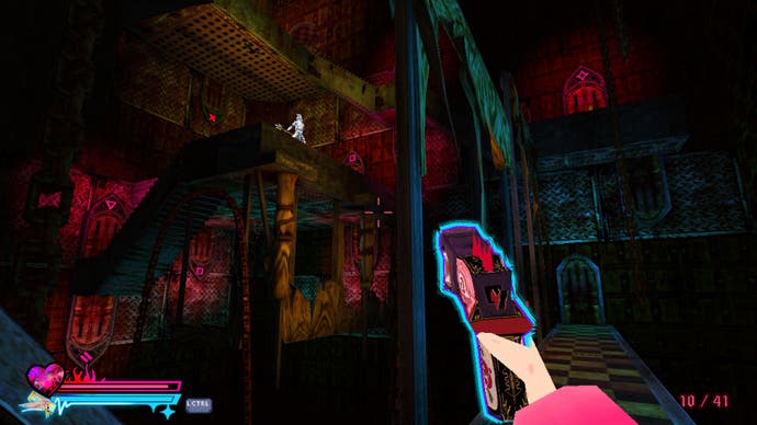 The player holds their glowing gun while viewing an Escher-esque landscape in a crypt in Sorry We're Closed.