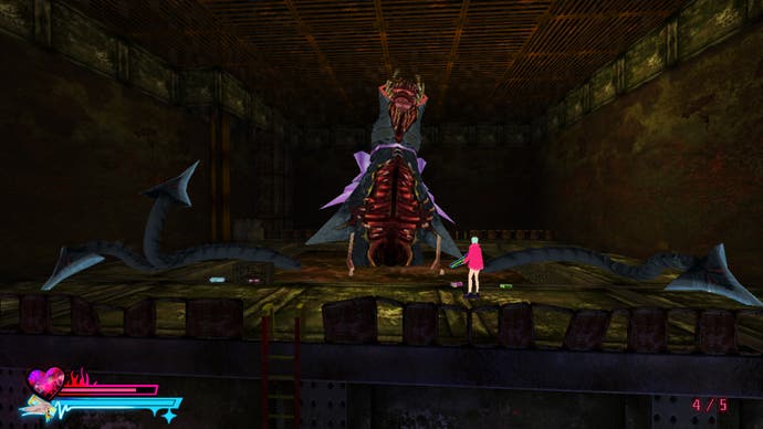 A woman stands in front of a large, insect-like boss in a pool of gross water in Sorry We're Closed.