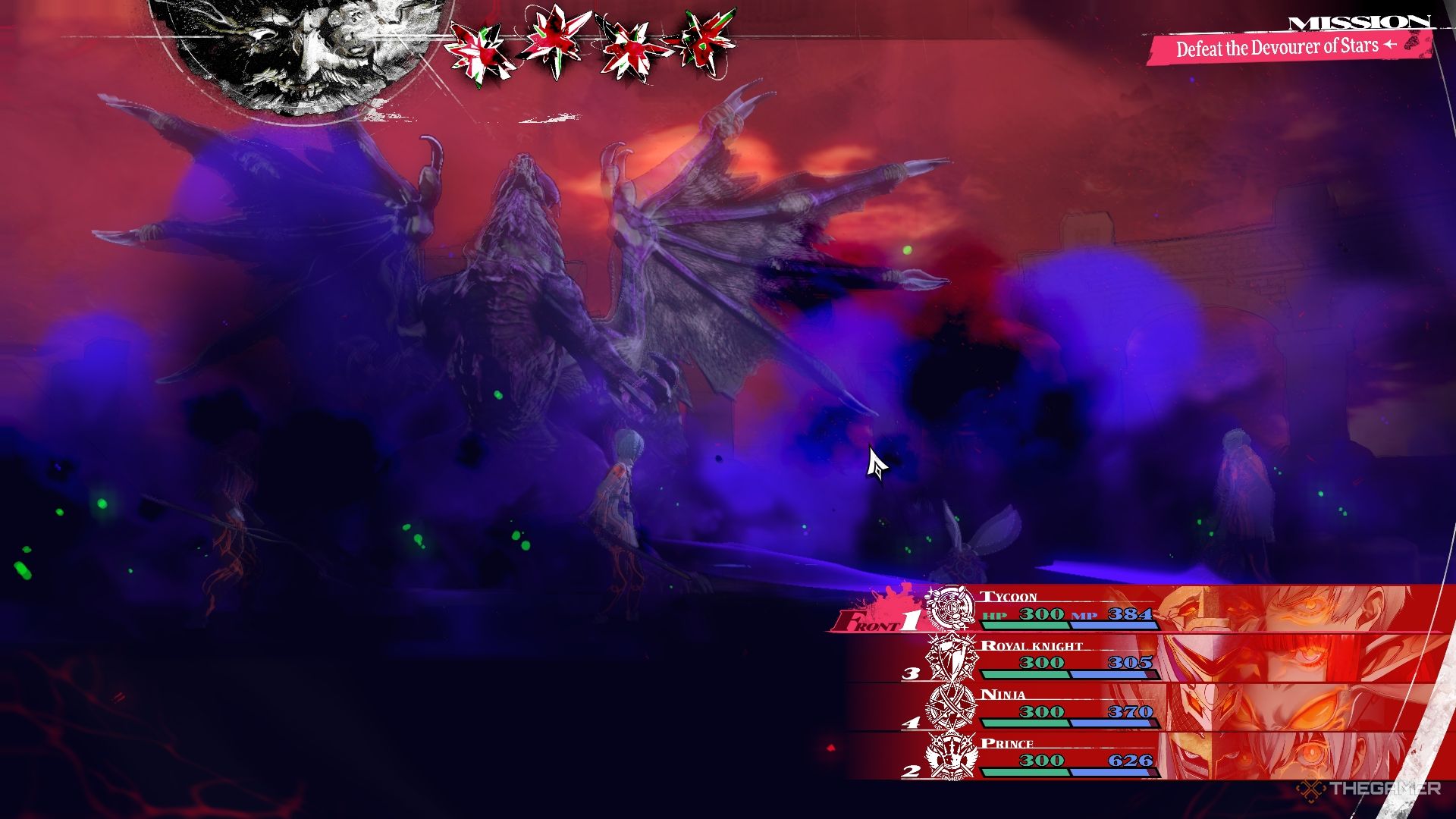 The Devourer of Stars engulfing the boss arena in black miasma in Metaphor: ReFantazio.