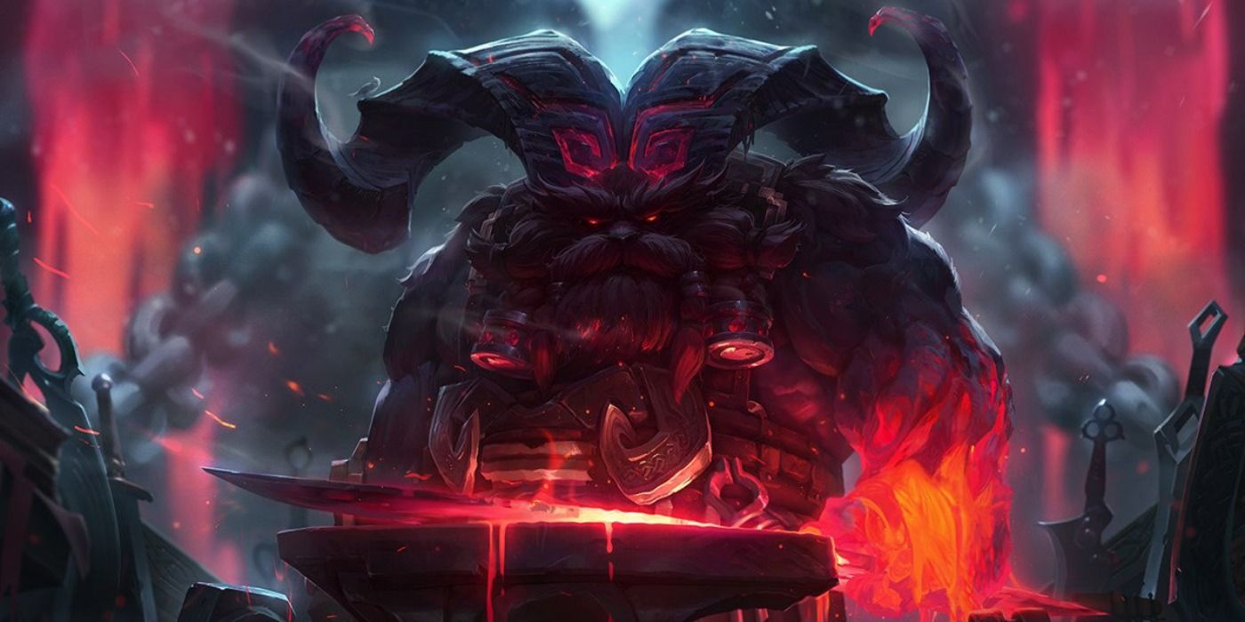 Ornn creating a weapon in his forge in his League of Legends splash art