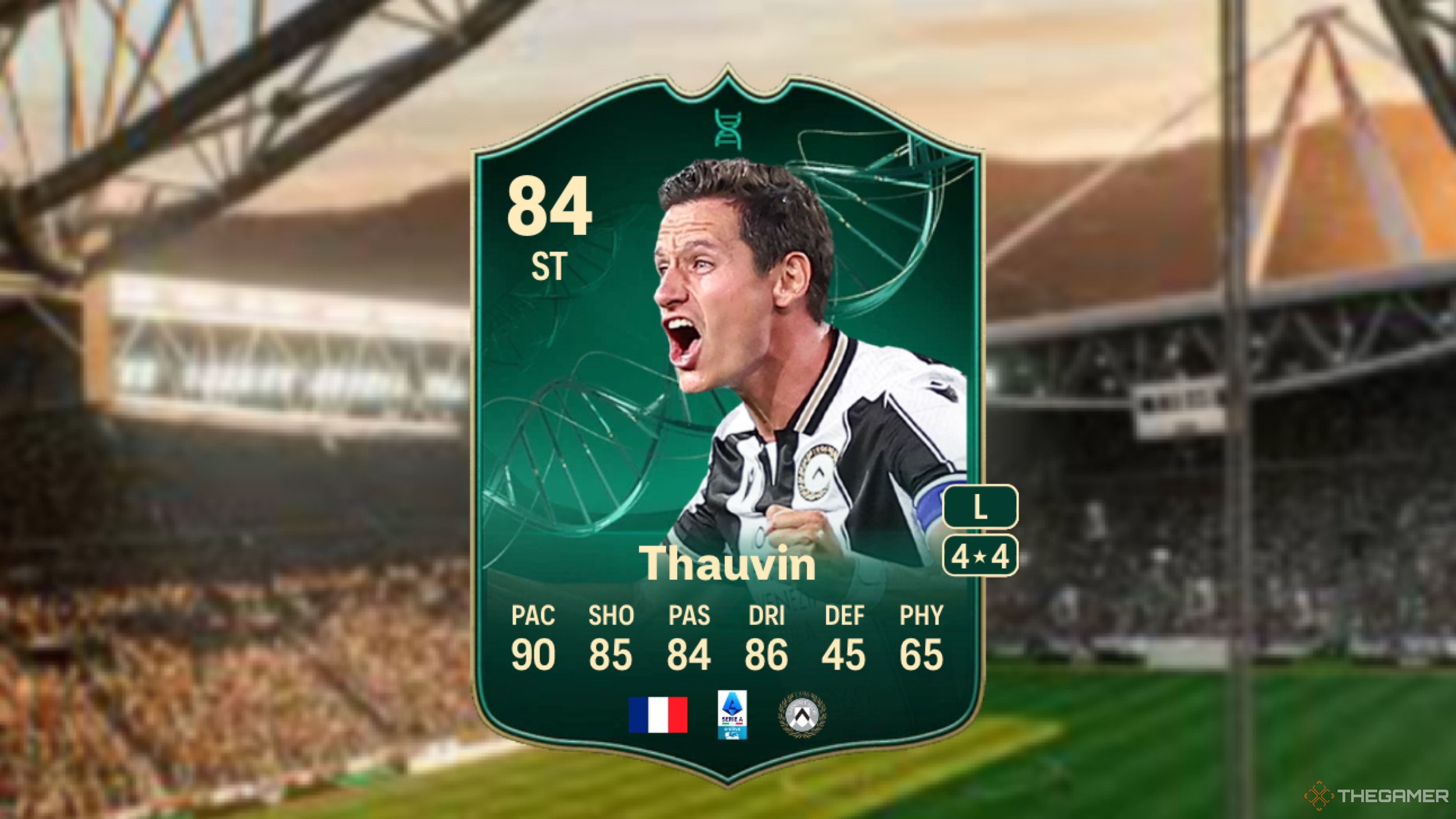 Image showing Thauvin card against a faded stadium background.