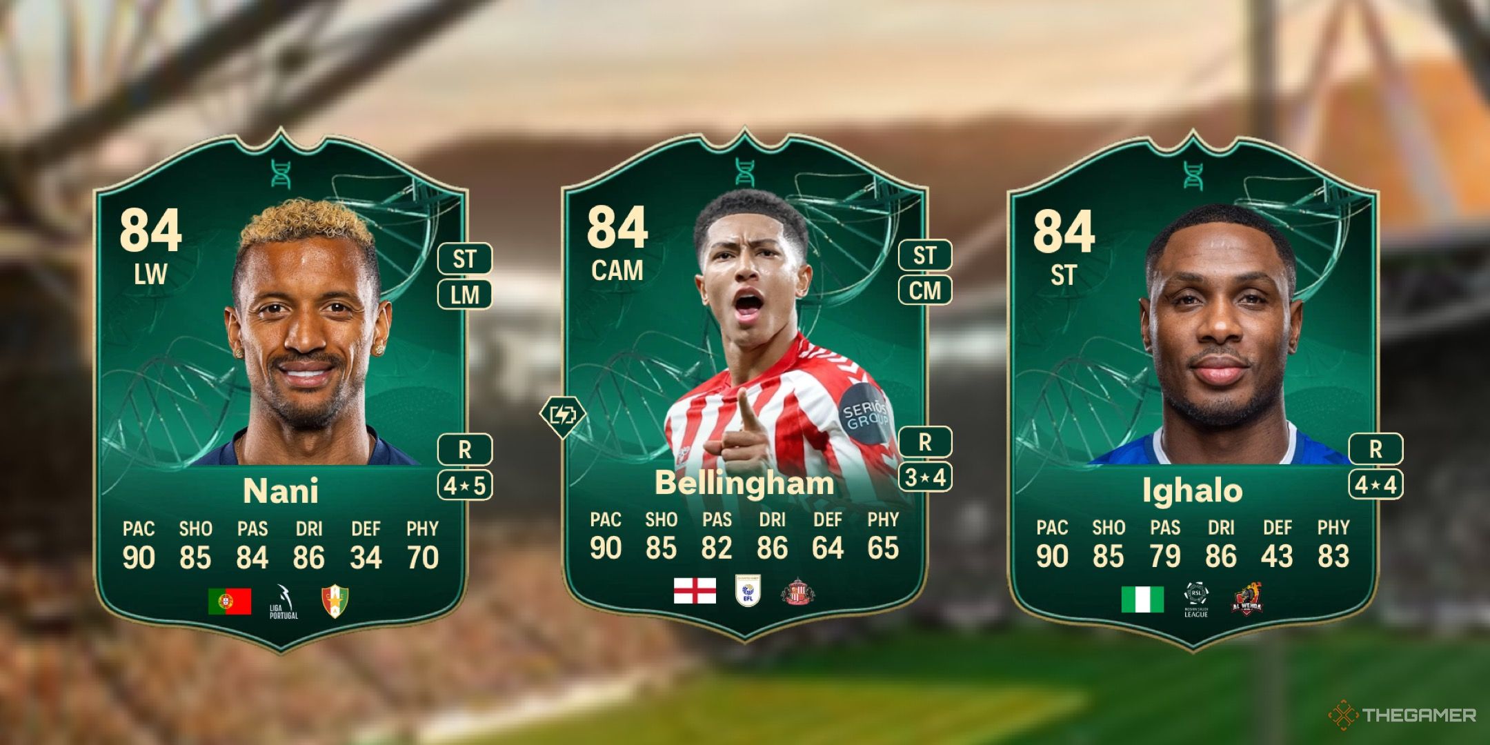 Image showing Nani, Bellingham, and Ighalo card against a faded pitch background.