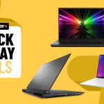 Razer Blade 16, Alienware M18, and Asus ROG Zephyrus G14 gaming laptops on a yellow background with black friday deals badge