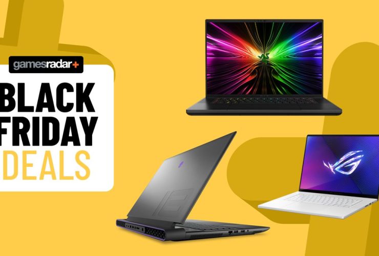 Razer Blade 16, Alienware M18, and Asus ROG Zephyrus G14 gaming laptops on a yellow background with black friday deals badge