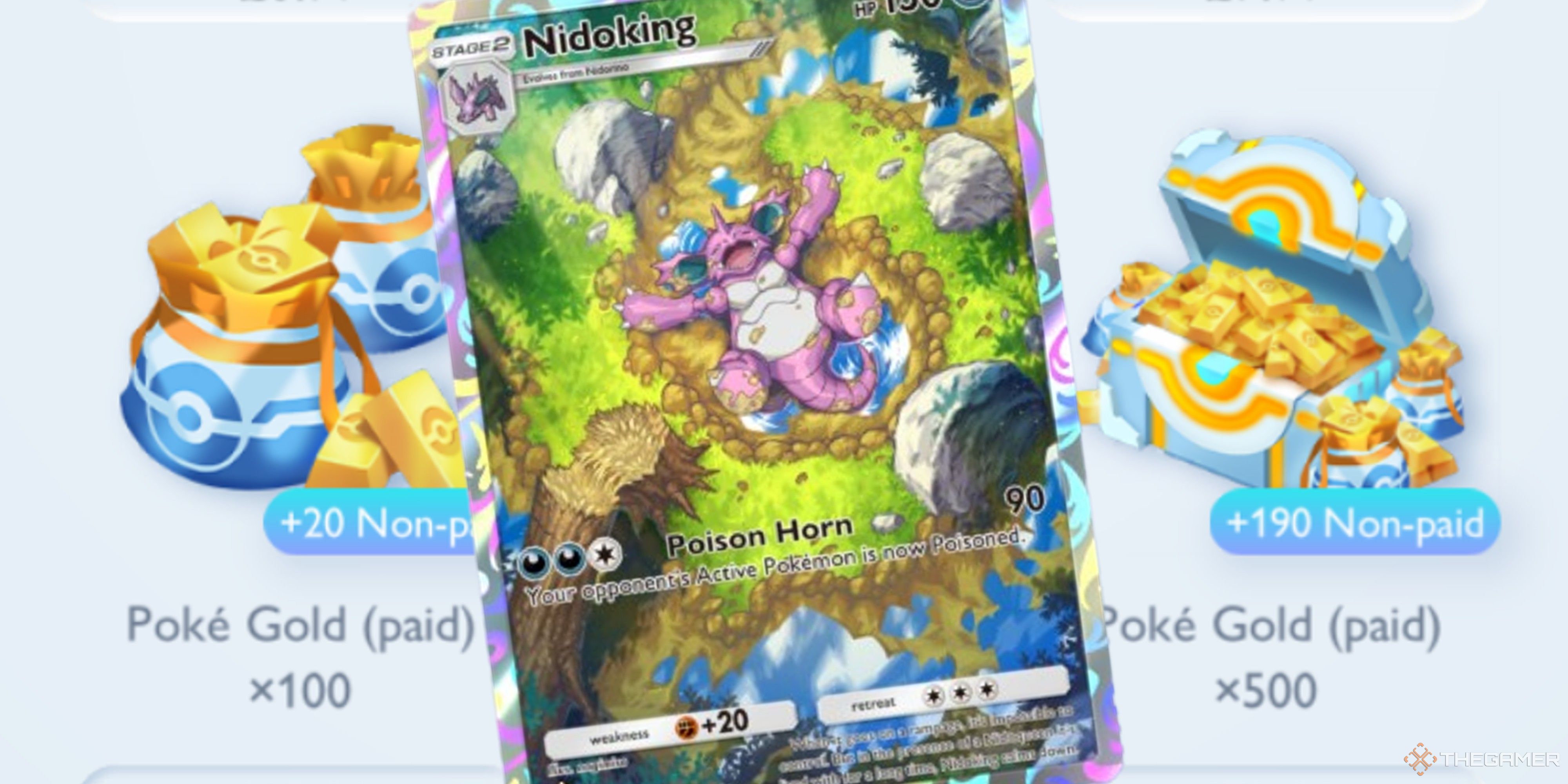 nidoking illustration rare from pokemon tcg pocket in front of pokegold you can buy in its store.