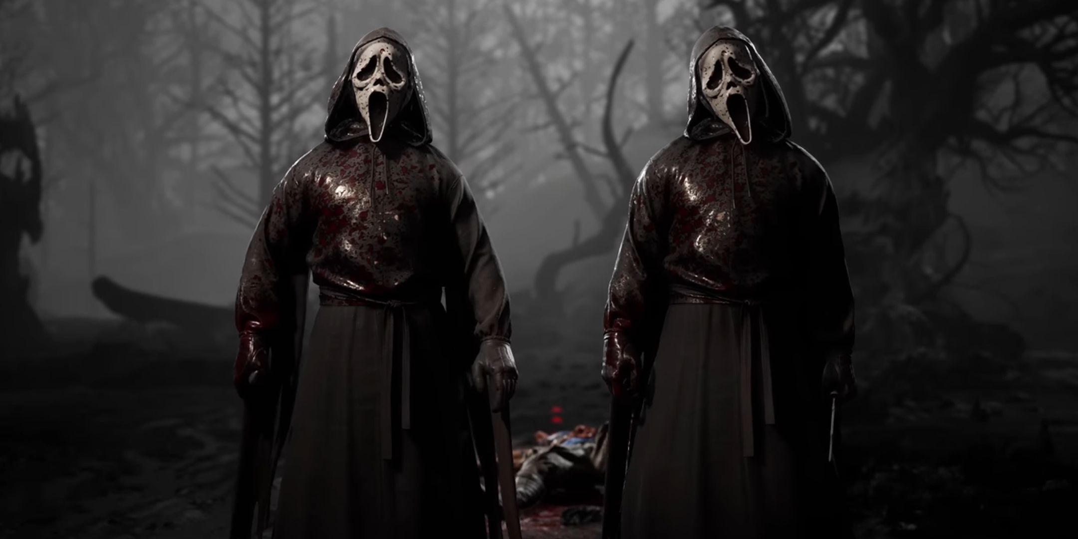 Mortal Kombat 1 screenshot of two Ghostfaces standing in the woods.