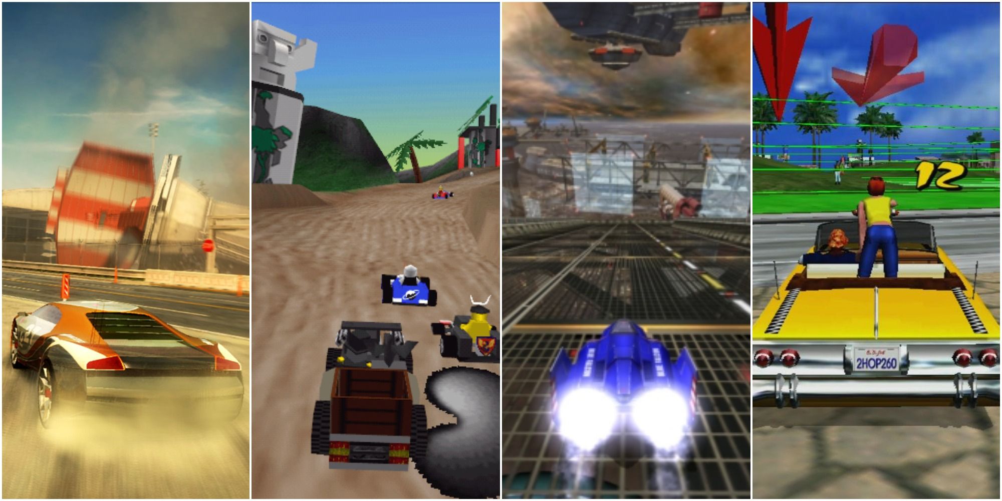 Split image of Split/Second, LEGO Racers, F-Zero GX and Crazy Taxi