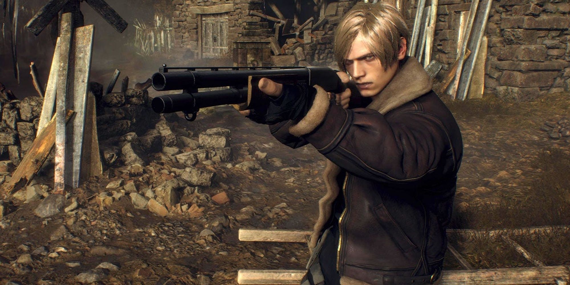 Leon Kennedy aiming a shotgun in Resident Evil 4 Remake.