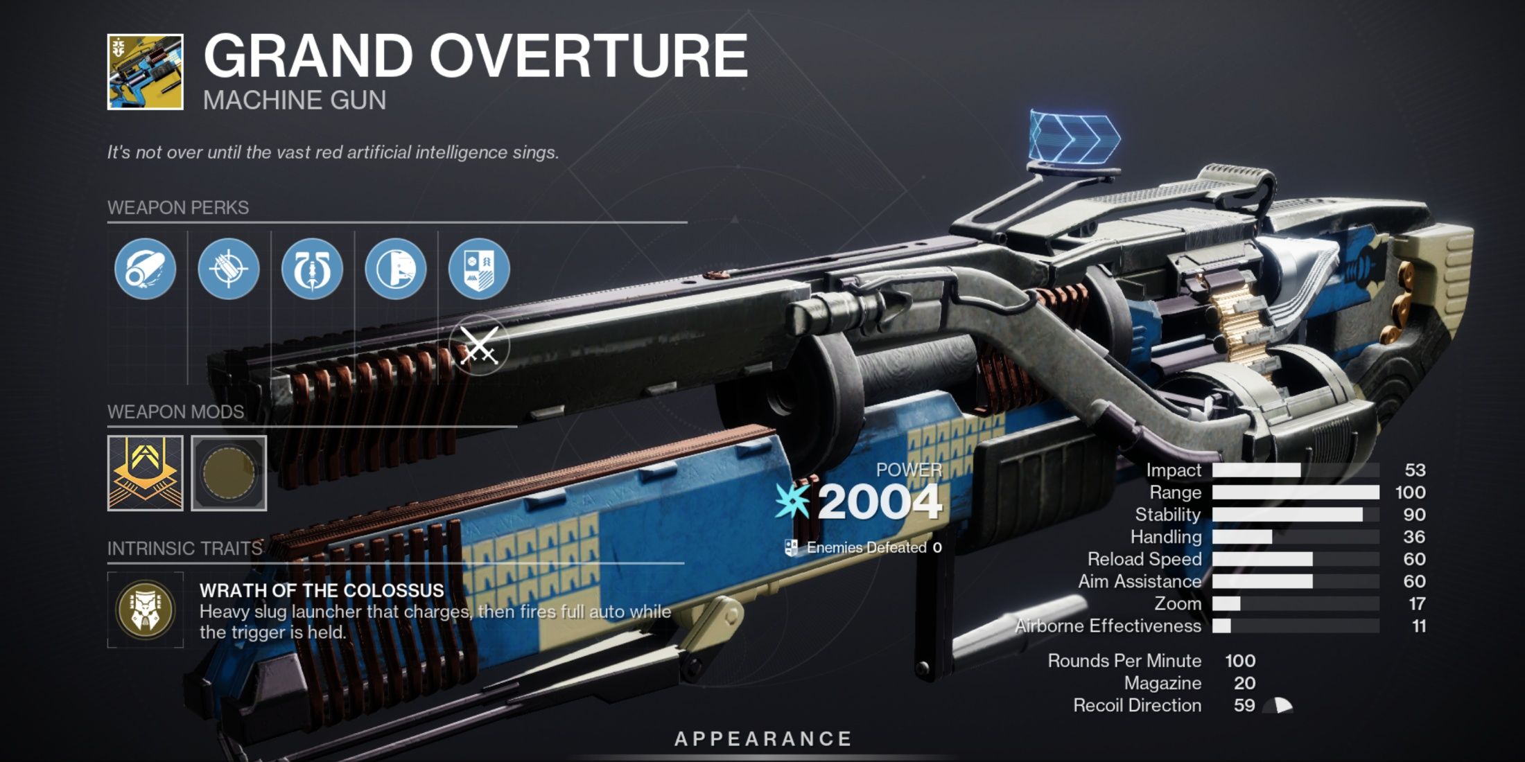 Grand Overture, an arc exotic heavy machine gun from Destiny 2