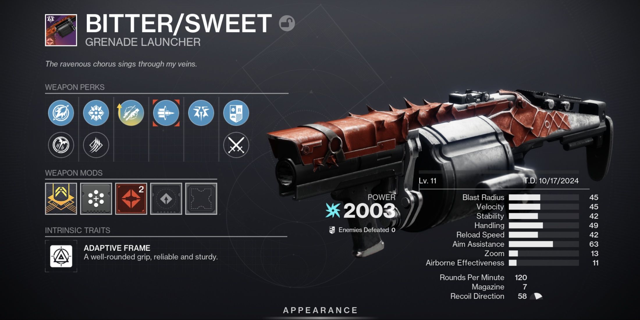 Bitter/Sweet, an arc heavy grenade launcher from Destiny 2