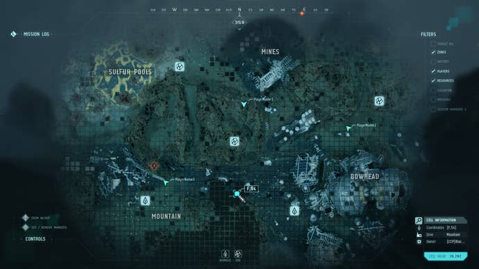 A deployment map in EVE Vanguard, featuring sulphur pools, mines, a bowhead, and more.