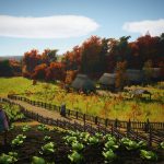 Manor Lords screenshot showing medieval-style farm fields featuring autumn-esque colouring