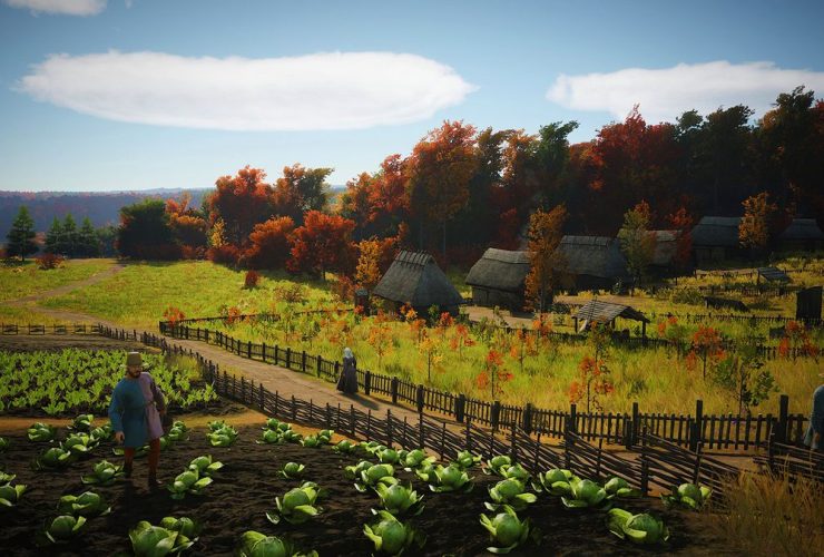 Manor Lords screenshot showing medieval-style farm fields featuring autumn-esque colouring