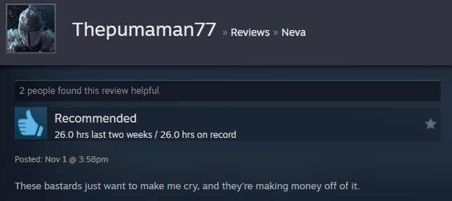 A screenshot shows a Steam user review of Neva.