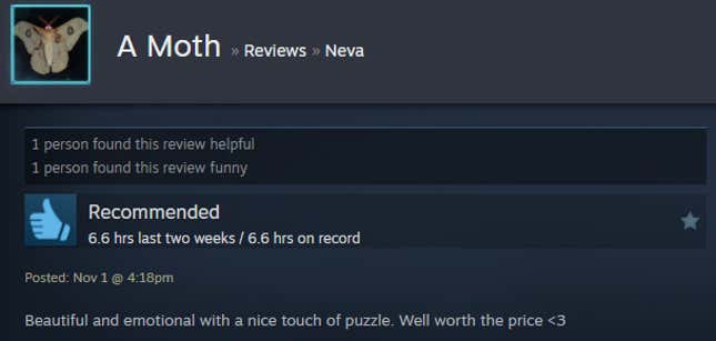 A screenshot shows a Steam user review of Neva.