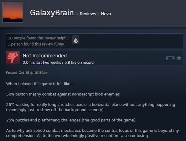 A screenshot shows a Steam user review of Neva.