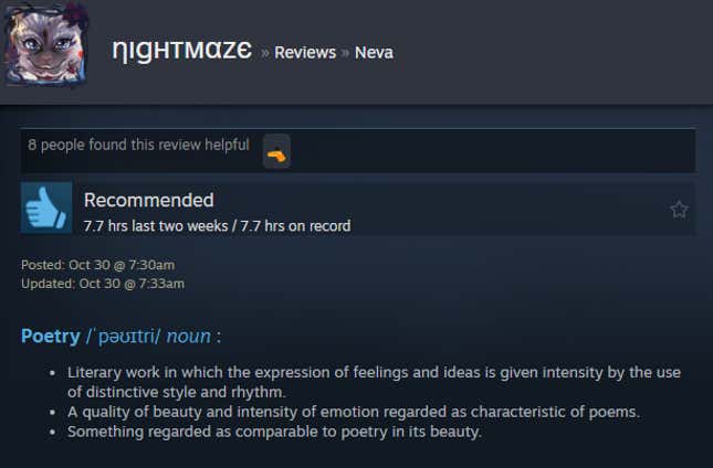 A screenshot shows a Steam user review of Neva.