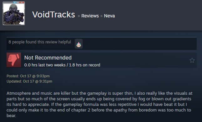 A screenshot shows a Steam user review of Neva.