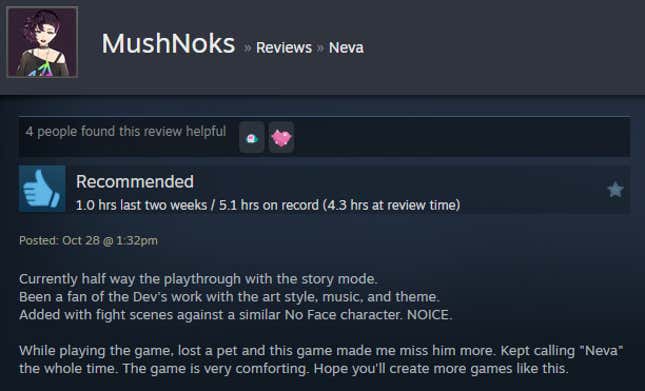 A screenshot shows a Steam user review of Neva.