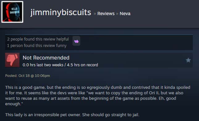 A screenshot shows a Steam user review of Neva.