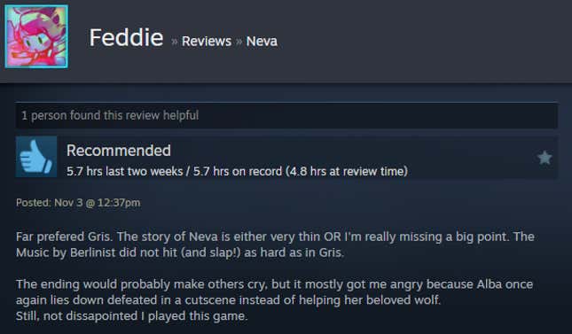 A screenshot shows a Steam user review of Neva.