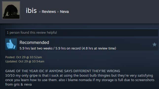 A screenshot shows a Steam user review of Neva.