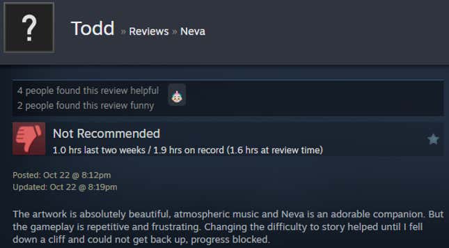 A screenshot shows a Steam user review of Neva.