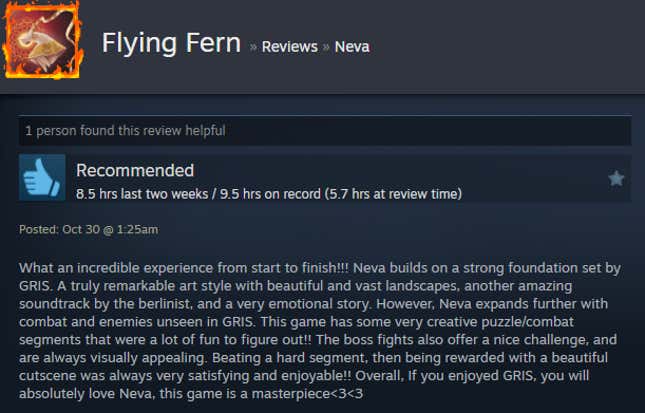 A screenshot shows a Steam user review of Neva.